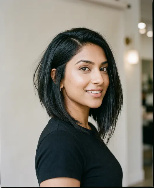 Asymmetric lob haircut for a round face
