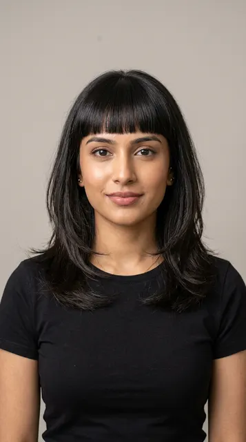 Blunt fringe with layers haircut for an oblong face