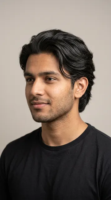 Medium length swept back haircut for a diamond face